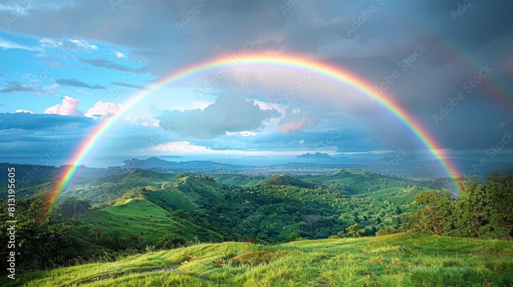 The photo shows a beautiful landscape with a rainbow over the green hills. The photo shows a beautiful landscape with a rainbow over the green hills.