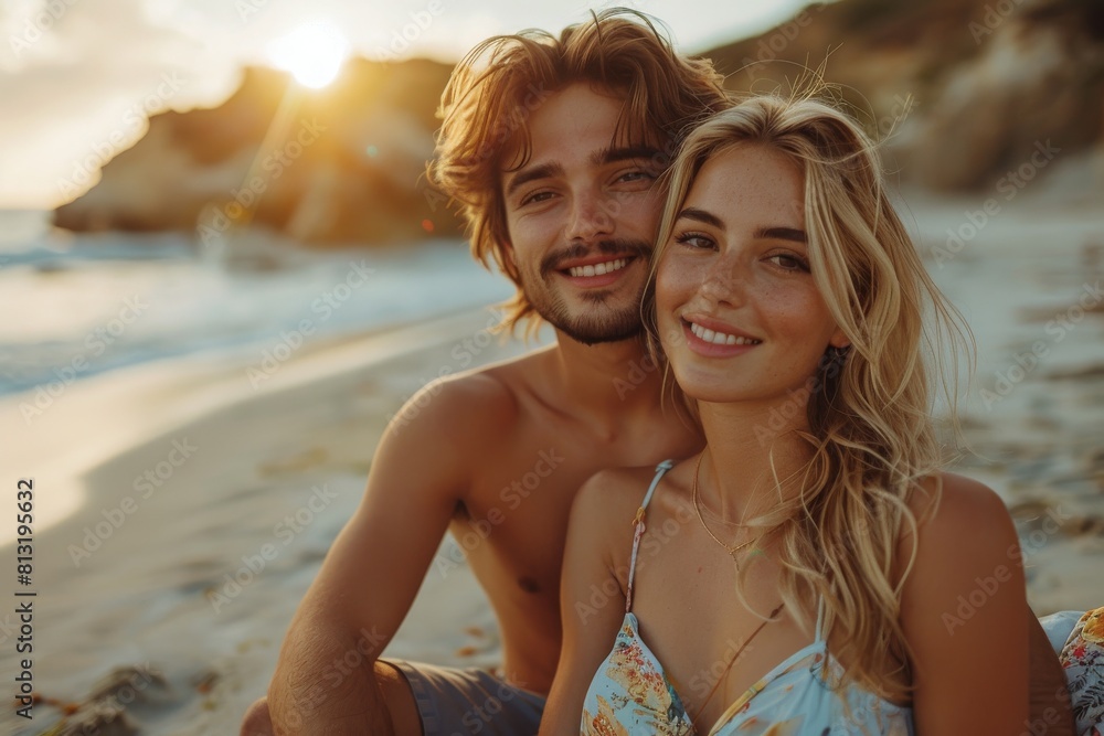 Romantic couple hugging on the beach with a beautiful sunset backdrop Romantic couple hugging on the beach with a beautiful sunset backdrop