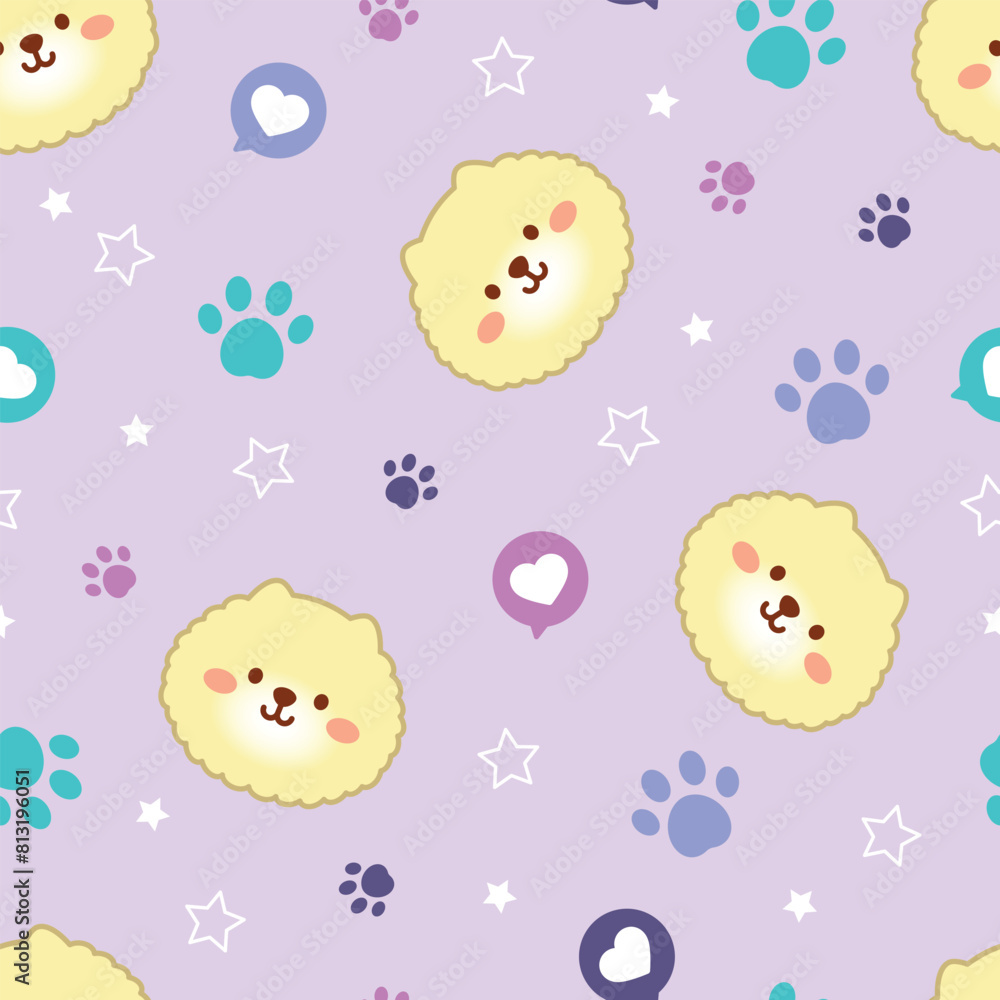 Seamless pattern with cute dogs, stars, message hearts and paws Seamless pattern with cute dogs, stars, message hearts and paws