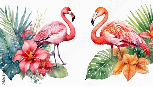 watercolor set illustration of pink flamingo among tropical flowers isolated on white backgr.