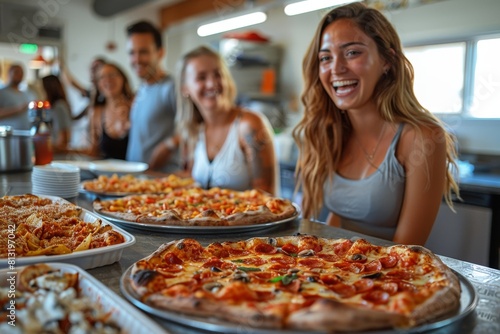 Joyful woman in foreground laughing with friends at a table full of pizzas  suggesting a fun gathering