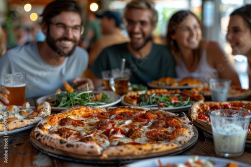 Group of cheerful friends enjoying pizza and drinks at a dinner table, conversation and laughter present
