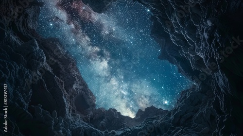 View of milky way and stars sky from ancient cave wallpaper background