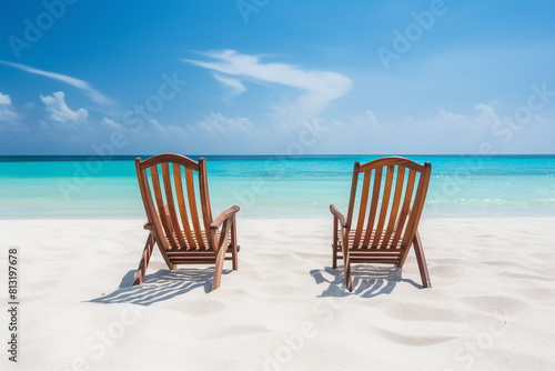 Two wooden Adirondack chairs face the tranquil turquoise ocean under a clear blue sky  inviting a peaceful seaside retreat - Generative AI