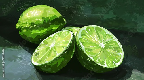 Slices of realistic limes rest on the table. Illustrator in vector form. For inspiration, draw. photo