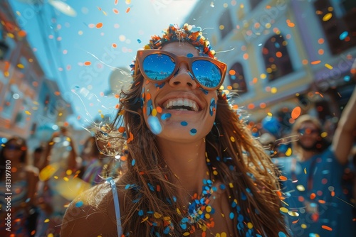 A close-up view of a woman caught in a vibrant burst of confetti, reflecting the energetic atmosphere of a daytime festive event photo