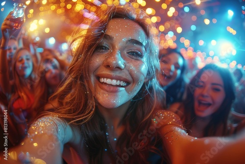 Friends capture a joyful moment at a party with champagne and bokeh lights