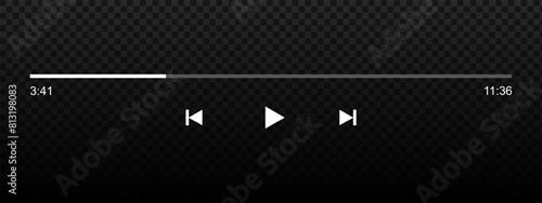 Audio or video player progress loading bar with time slider, play, rewind and fast forward buttons. Element of mediaplayer playback panel interface in mobile app. Vector graphic illustration.