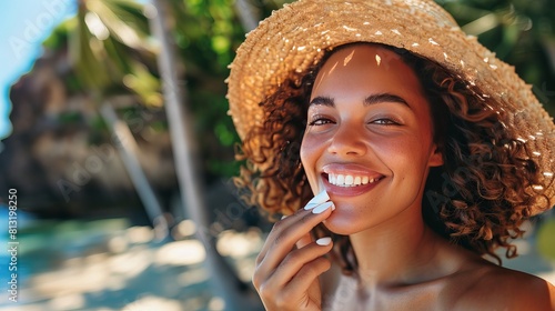 Smiling young woman applying sun protection on her lip outdoor photo