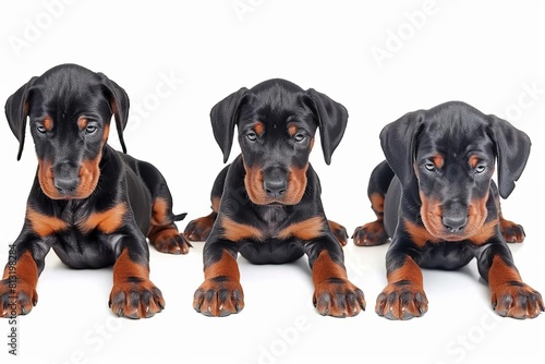 adorable doberman pinscher puppy in various poses isolated on white background