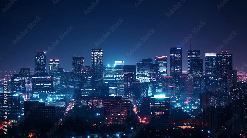 A bustling city skyline glows with life after dusk, showcasing a panorama of illuminated offices and urban glow against the backdrop of a night sky - Generative AI
