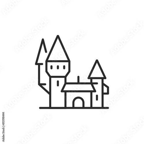 Medieval castle icon. Simplified representation of a historical castle with towering spires, symbolizing royal heritage, feudal history, architectural grandeur of the medieval era. Vector illustration
