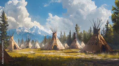 View of an indian native american village with teepee tents