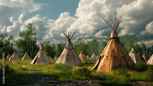 View of an indian native american village with teepee tents