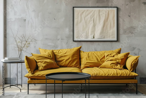 Chic living space with a mustard yellow fabric sofa and a black metal table, complemented by a framed mockup on a soft gray wall.