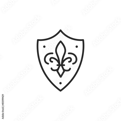  Fleur-de-lis shield icon. A simple and elegant symbol of nobility and heraldry, often associated with royal coat of arms and medieval knight emblems. Vector illustration isolated on white background