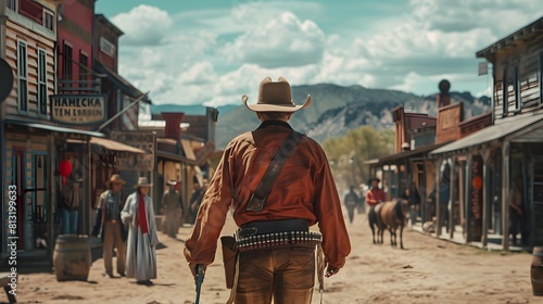 Western movie shot, front view of a cowboy ready to do a duel in middle of a wild west town