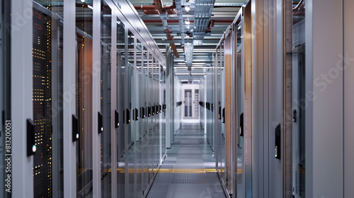Space-efficient data center with collapsible server racks, designed for easy reconfiguration and maintenance.
