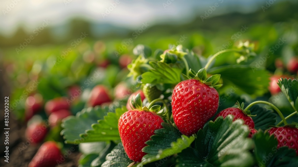 agricultural farming, a farmer diligently looking after rows of strawberry plants in a scenic strawberry field, ensuring their proper nurture and care agricultural farming, a farmer diligently looking after rows of strawberry plants in a scenic strawberry field, ensuring their proper nurture and care