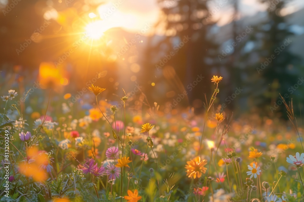 Sunset on a field of flowers in a mountain area. Generative AI.