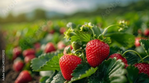 agricultural farming  a farmer diligently looking after rows of strawberry plants in a scenic strawberry field  ensuring their proper nurture and care