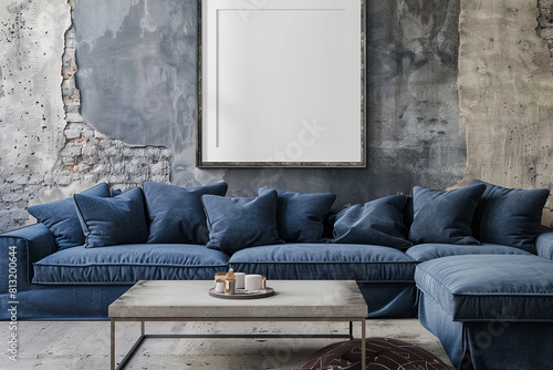 Industrial vibe with a deep indigo sofa and a concrete coffee table under a framed mockup on a distressed gray wall.
