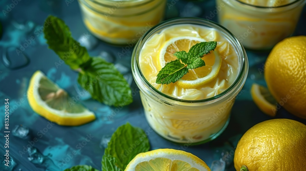 summer dessert option, individual glass jars of tangy lemon pudding, garnished elegantly with lemon slices and mint, a deliciously refreshing summer dessert choice summer dessert option, individual glass jars of tangy lemon pudding, garnished elegantly with lemon slices and mint, a deliciously refreshing summer dessert choice