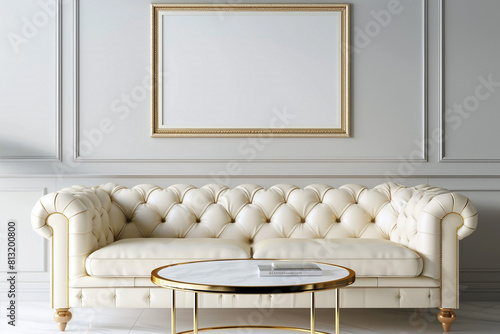 Luxurious decor featuring a cream-colored leather sofa and a gold trim coffee table under a 3D frame mockup on a pale gray wall.