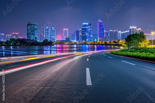 Asphalt road and city skyline with modern building at night in Suzhou, China - generative ai