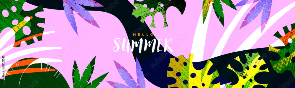 Summer background with tropical leaves and plants in green, pink and deep blue colors. Modern art design template for poster, cover, card, fashion ads, sales, social media, print. Minimalist style. Summer background with tropical leaves and plants in green, pink and deep blue colors. Modern art design template for poster, cover, card, fashion ads, sales, social media, print. Minimalist style.