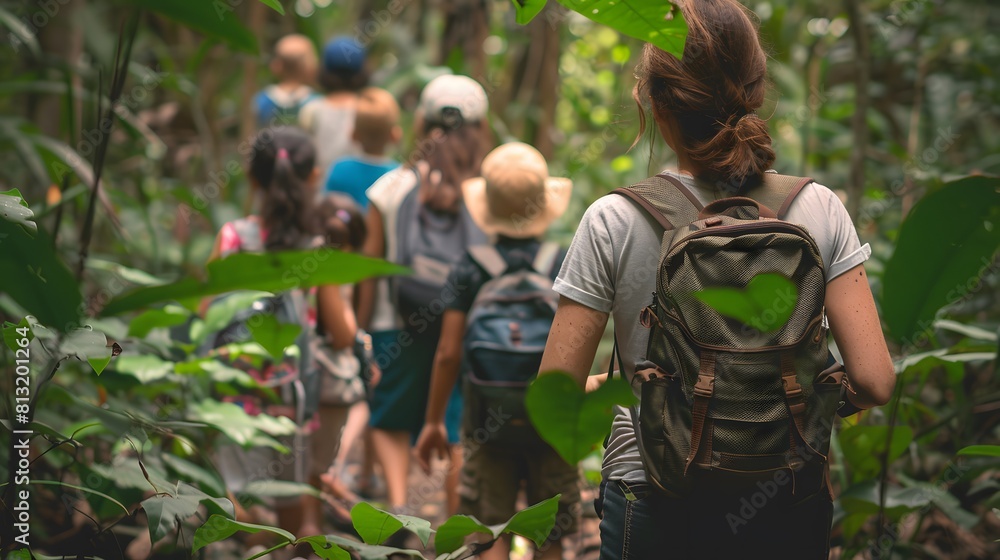 Woman teacher with kids from her class exploring nature and lush forest in a field trip or school trip