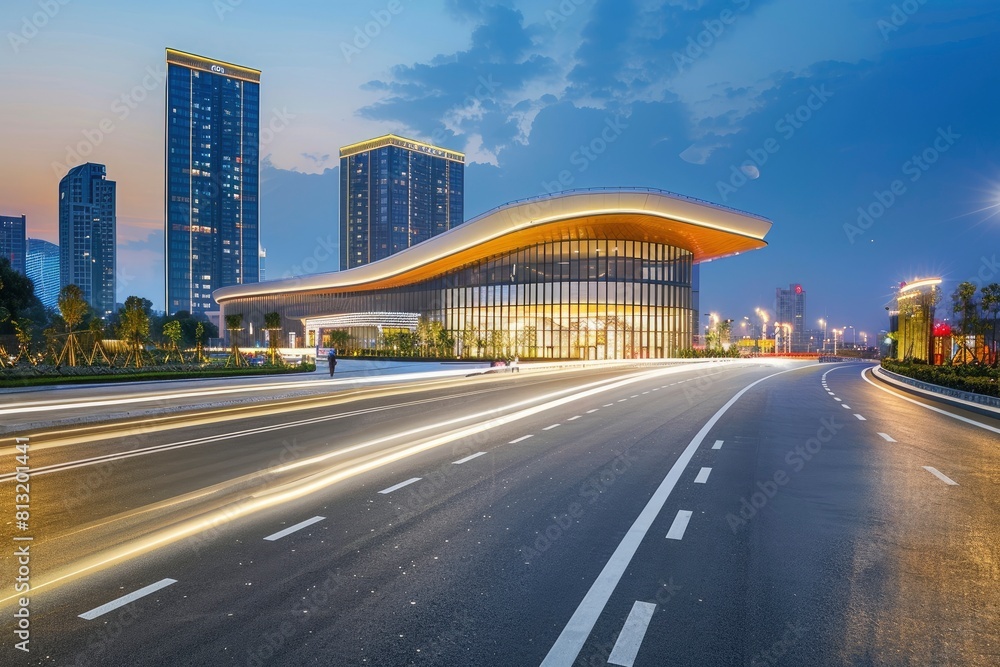 Asphalt road and city skyline with modern building at night in Suzhou, China - generative ai