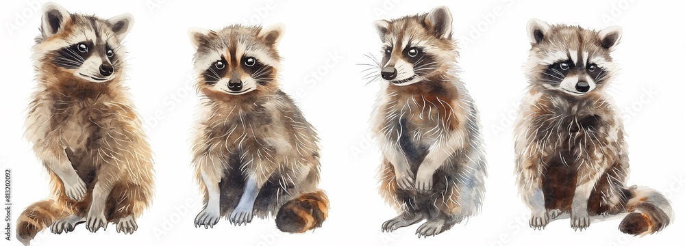 Cute raccoon set isolated, simple flat illustration, copy space. Flat design, kids book cover or print concept Cute raccoon set isolated, simple flat illustration, copy space. Flat design, kids book cover or print concept