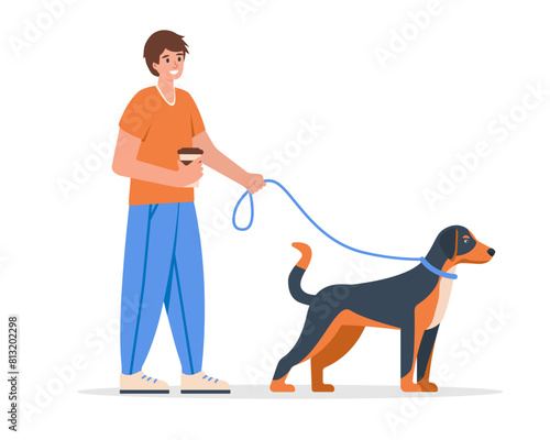 Young man with coffee walking with dog. Guy with cute dog on leash. Pet and owner spending time together and enjoy, healthy lifestyle concept. Vector flat illustration isolated on white background.