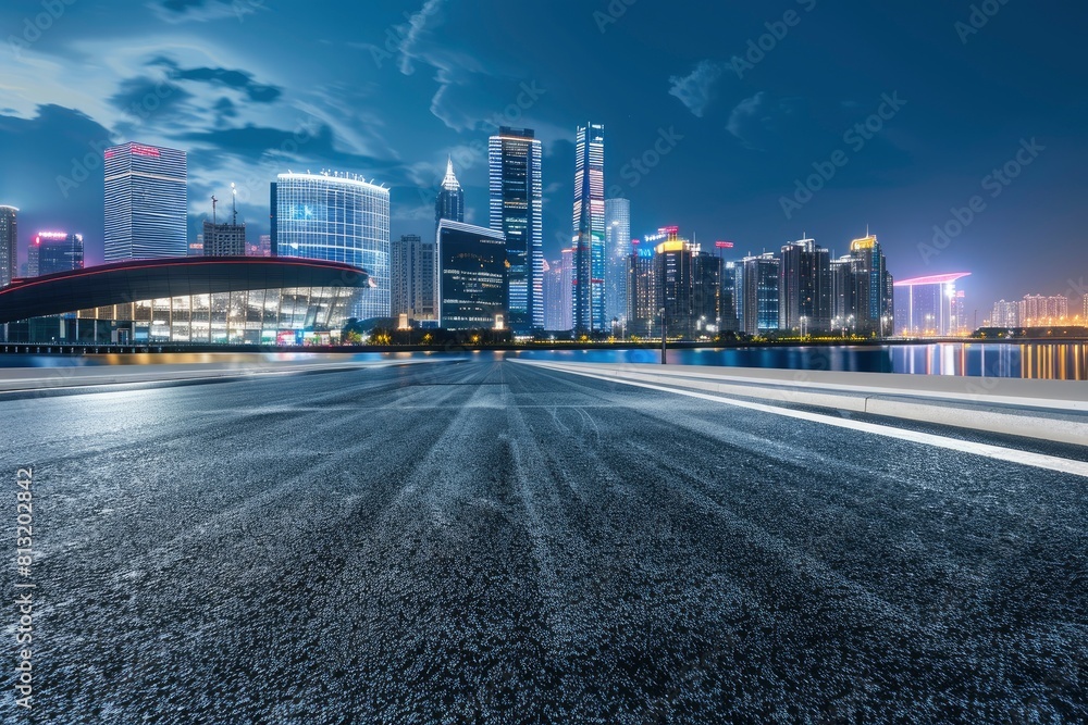Asphalt road and city skyline with modern building at night in Suzhou, China - generative ai Asphalt road and city skyline with modern building at night in Suzhou, China - generative ai