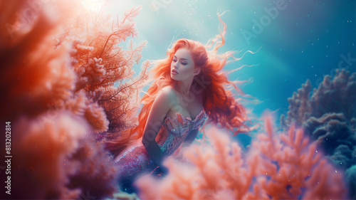 beautiful mermaid swimming underwater with light shining through the water surface  magical woman  fairy tale and magical creature