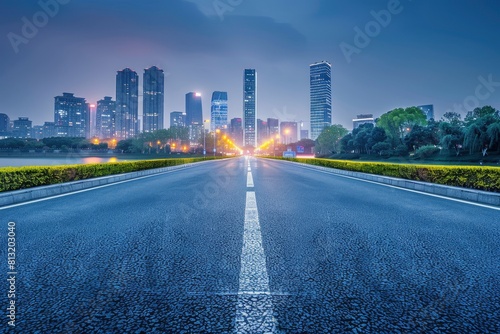 Asphalt road and city skyline with modern building at night in Suzhou  China - generative ai