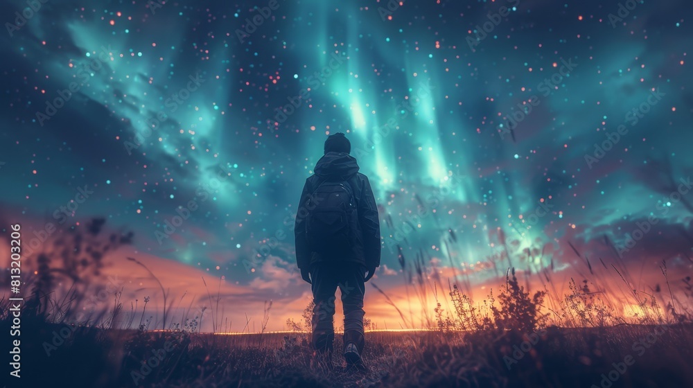 Fototapeta premium natural phenomena, marveling at the summer night sky, mesmerized by the aurora borealis vibrant display