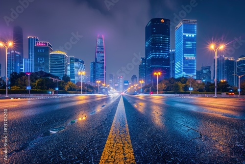 Asphalt road and city skyline with modern building at night in Suzhou  China - generative ai