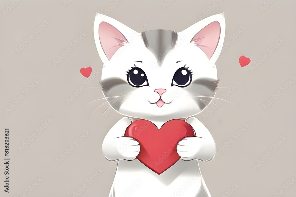 Paws of Affection: Cute Cat Holding Heart of Love, AI-generated art of captivating cat. Heartwarming Image of Cat Embracing Love