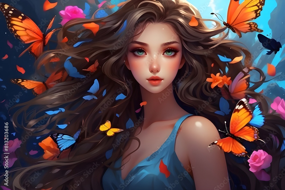 Fototapeta premium Whimsical Whirlwind: Fantasy Beauty with Butterflies and Blowing Hair, AI-generated paintings of captivating and charming girl. Ethereal Girl Amidst Intense Fantasy Tones