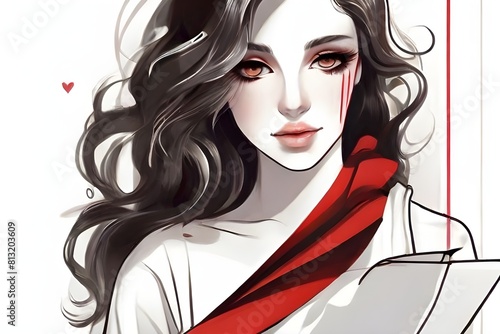 Majestic Melody: Stunning Girl in Elegant Dark Red Dress, AI-generated art of stunning girl. Stunning Girl Exudes Elegance with Blowing Hair photo