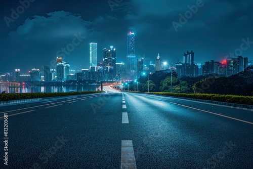 Asphalt road and city skyline with modern building at night in Suzhou  China - generative ai