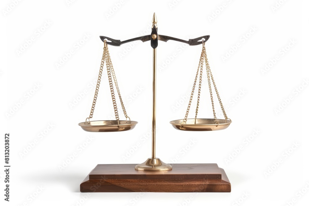 A courtroom scene with a judge presiding over a case of equality versus crime, the scales of justice prominently displayed, isolated on white A courtroom scene with a judge presiding over a case of equality versus crime, the scales of justice prominently displayed, isolated on white