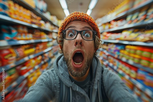A startled man in an orange beanie and glasses expresses amazement among colorful grocery store shelves photo