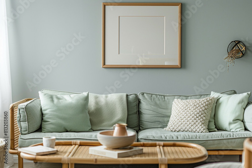 Zen-inspired living space with a seafoam green sofa and a teak coffee table, highlighted by a frame mockup on a soft gray wall.