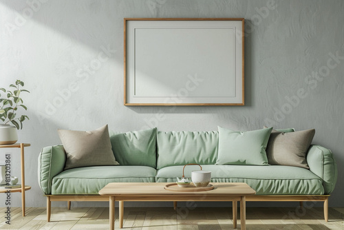 Zen-inspired living space with a seafoam green sofa and a teak coffee table, highlighted by a frame mockup on a soft gray wall.