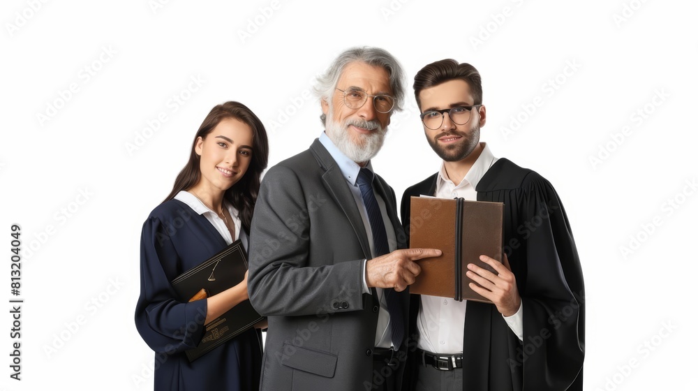 A lawyer, judge, and law student stand together, each holding a symbol of their profession, representing the spectrum of the legal system, isolated on white A lawyer, judge, and law student stand together, each holding a symbol of their profession, representing the spectrum of the legal system, isolated on white
