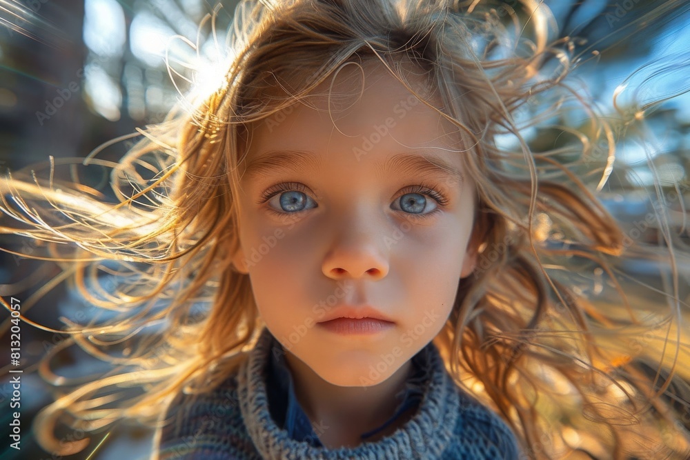 Serene portrait of a child bathed in natural sunlight, with golden curls and blue eyes Serene portrait of a child bathed in natural sunlight, with golden curls and blue eyes