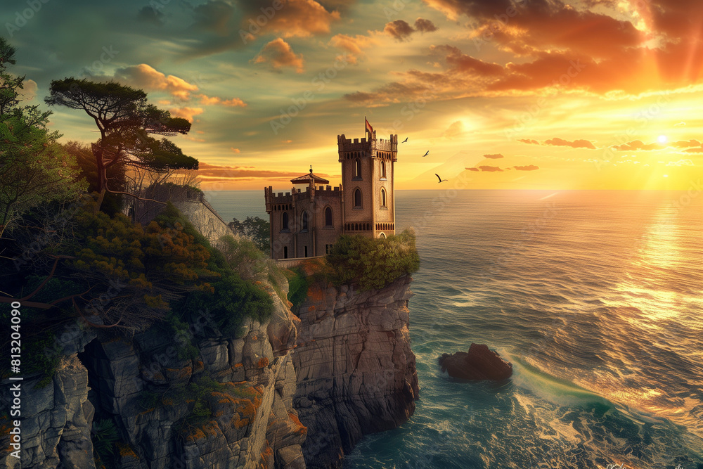 Obraz premium A medieval castle in the sunset on a cliff
